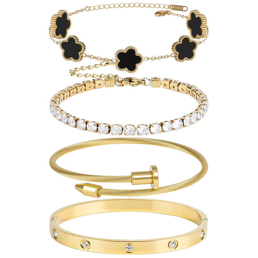 18K Black Gold Plated Clover Bracelet Bangle Set, 4pcs Stackable Four Leaf Gold Bracelet Set for Wife Mom Girlfriend
