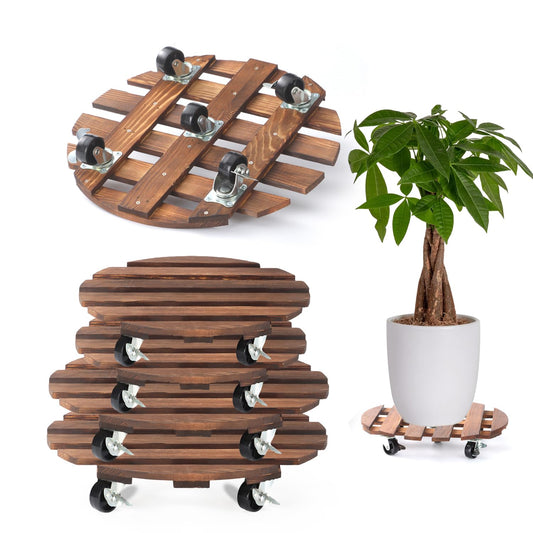 4 Pack Plant Caddy with 5 Wheels, Wood Rolling Plant Stand 220 LB Heavy Duty, Plant Dolly with Metal 360° Lockable Caster Wheels for Outdoor Indoor Large Plant Pots, Flower Pot, Patio (14"+14"+12"+12")