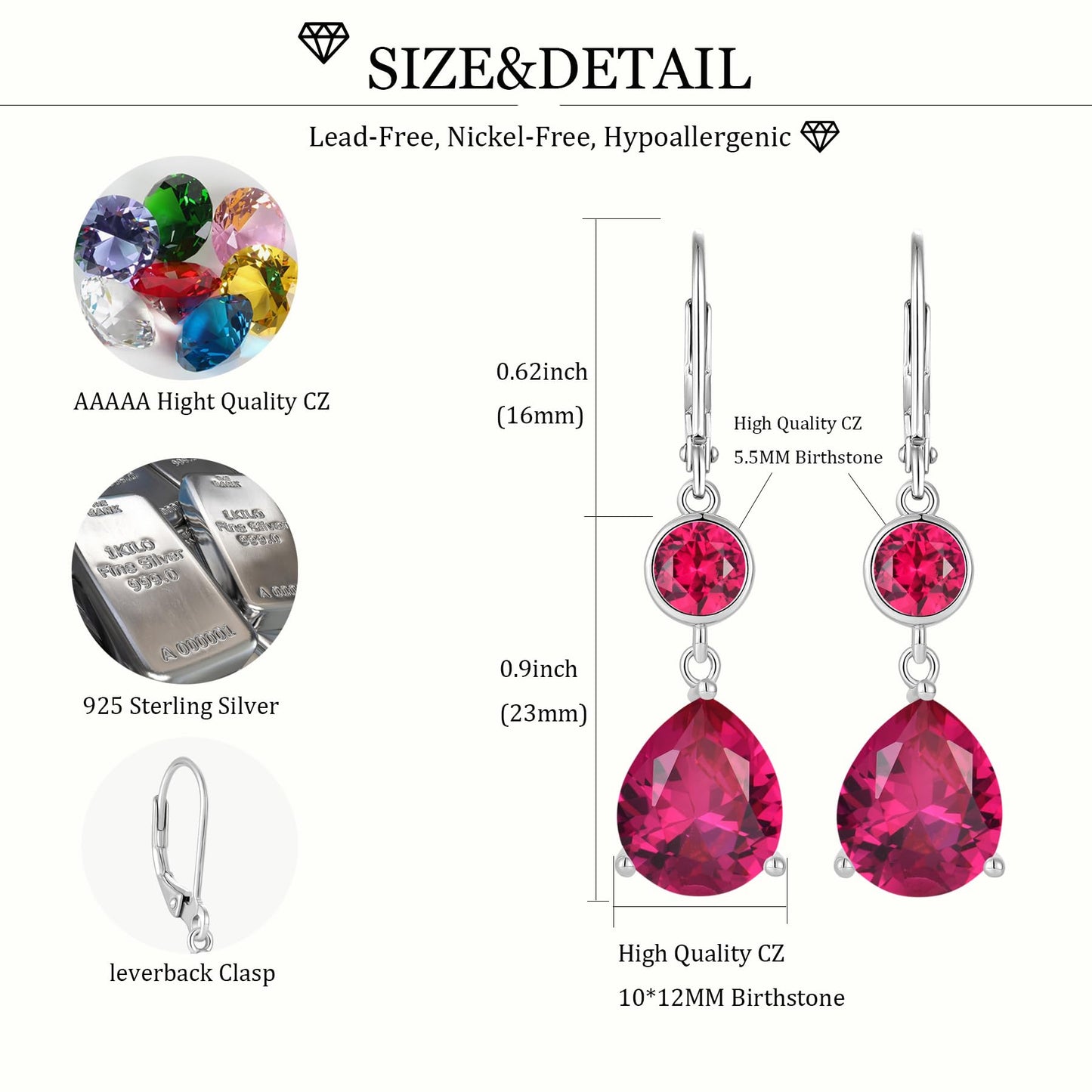 FYNSBLE Ruby Birthstone Earrings for Women,Sterling Silver Dangle Drop Leverback Earrings Hypoallergenic Jewelry for Women