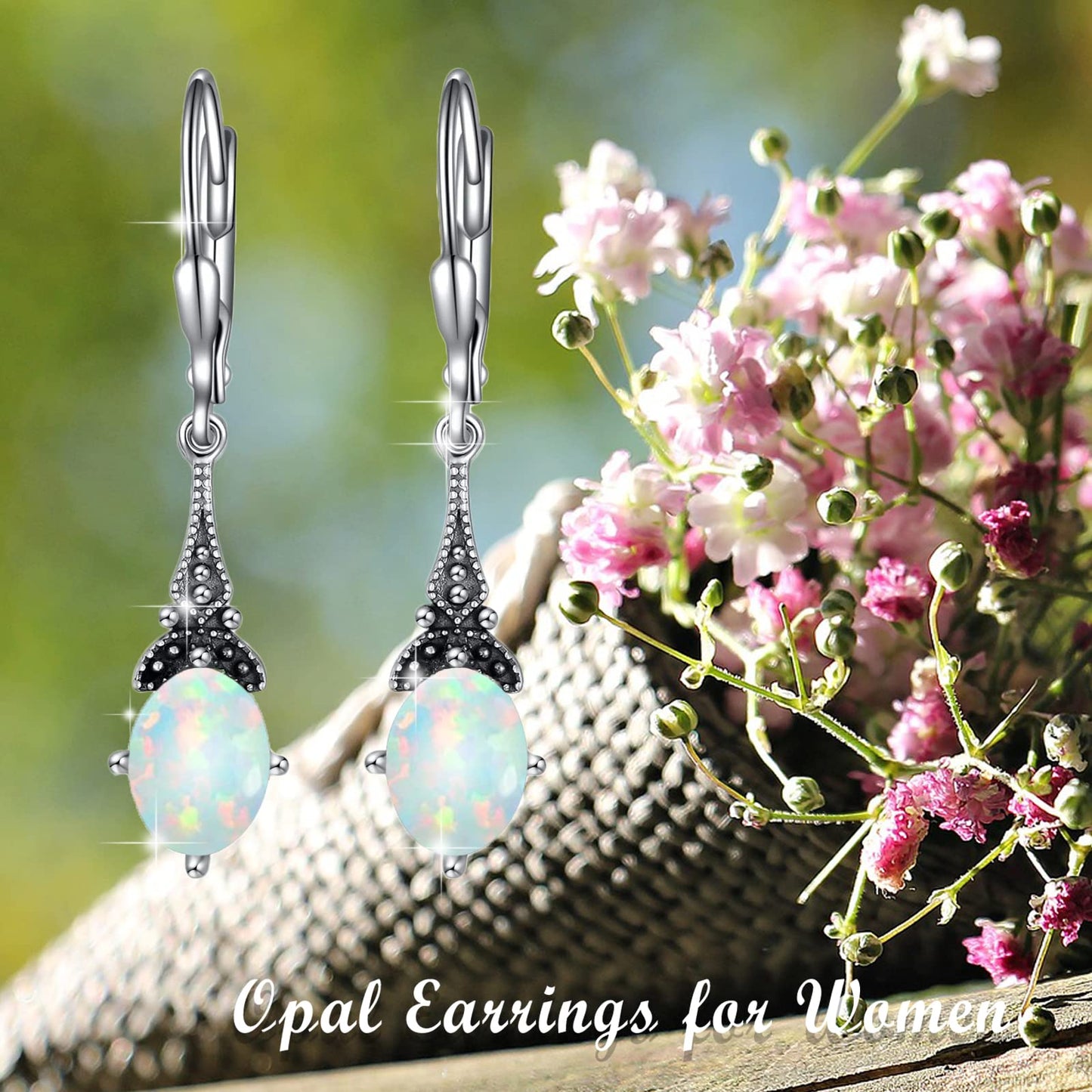 Opal Earrings for Women Sterling Silver Vintage Retro Leverback Earrings with Oval Simulated White Opal, June Birthstone Earrings Gifts for Women