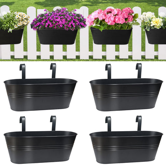 Venyat 16 Inch 4 PCS Metal Hanging Flower Pots for Railing Fence, Large Railing Planters for Outdoor Plants, Fence Hanging Planters with Detachable Hooks for Garden Balcony