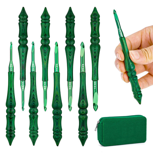 BALDCC Wooden Crochet Hooks 8 Sizes, Ergonomic Crochet Hooks Set for Arthritic Hands 3mm-7mm, Aluminum Crochet Hook Hand Polished Handle with Storage Bag for Crocheting and Knitting (Green Bag)