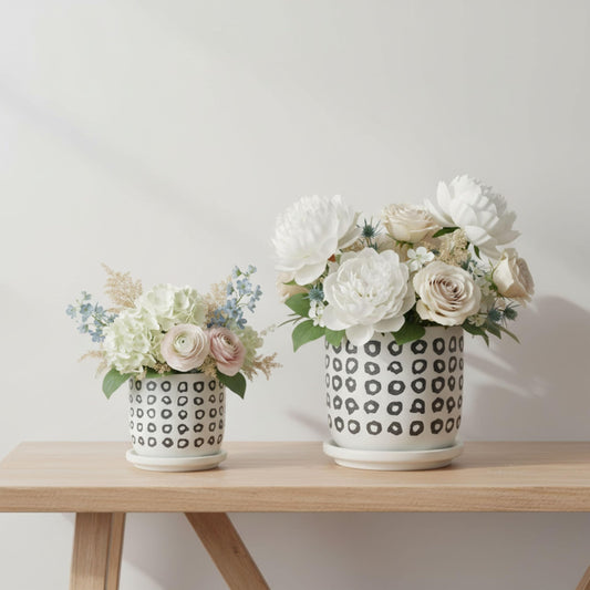 Patterned Ceramic Flower Pots with Saucers for Home Decor - Modern Planters and Pots for Indoor Plants - Decorative Planters for Kitchen and Outdoor Styling - Set of 2, 6", 5", Black & White