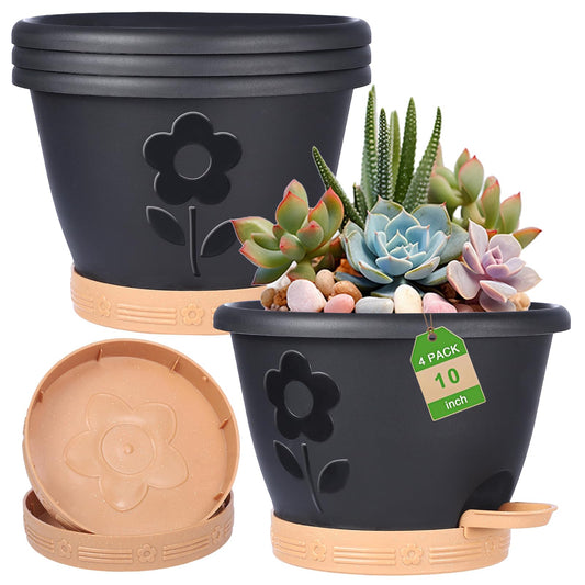 Plant Pots 10 Inch Set of 4, Self Watering Pots with Drainage Holes, Saucer & Reservoir, Flower Pots for Indoor/Outdoor Plants, Decorative Nursery Planting Pots (Black)