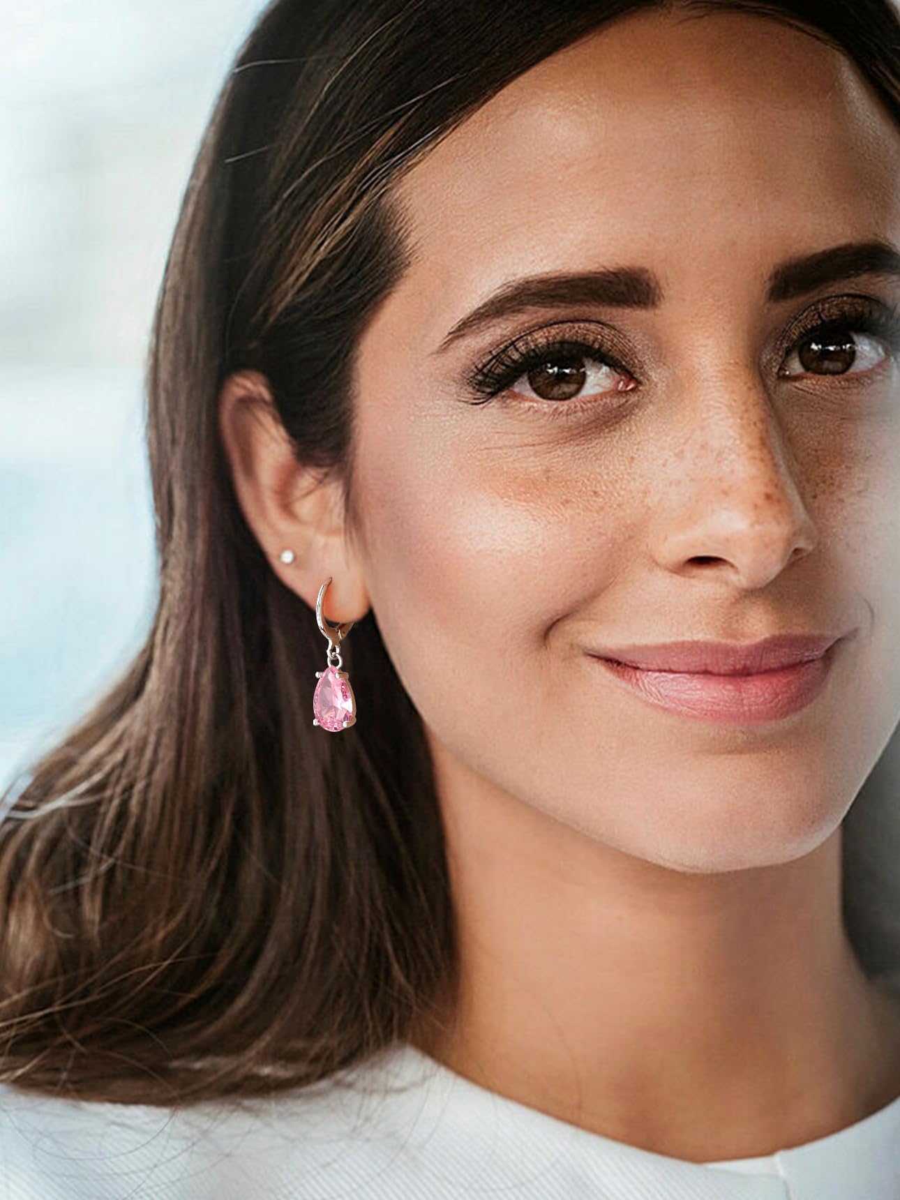 Bestyle Silver Pink Tourmaline Drop Earrings | Hypoallergenic Silver Huggie Hoop Leverback Earrings | Small Sparkle Teardrop October Birthstone Dangle Earrings For Women