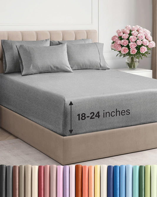Skiennix Extra Deep Cal King Sheet Set | 6-Piece Breathable Cooling Bedding - Soft, Wrinkle-Free, Heathered Grey
