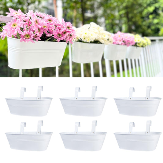 LaLaGreen Planter Boxes for Outdoor (6 Pack, 17 Inch) White Metal Deck Railing Hanging Flower Pots, Large Window Box Plant Holder Hooks Fence Rail Buckets Modern Herb Boho Style Wall Mount Porch Decor