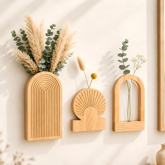 TBWIND Wooden Wall Vases Set of 3, Modern Farmhouse Arch Propagation Station with Glass Planter Tubes, Boho Fluted Hanging Decor for Entryway, Living Room & Narrow Spaces (Natural)