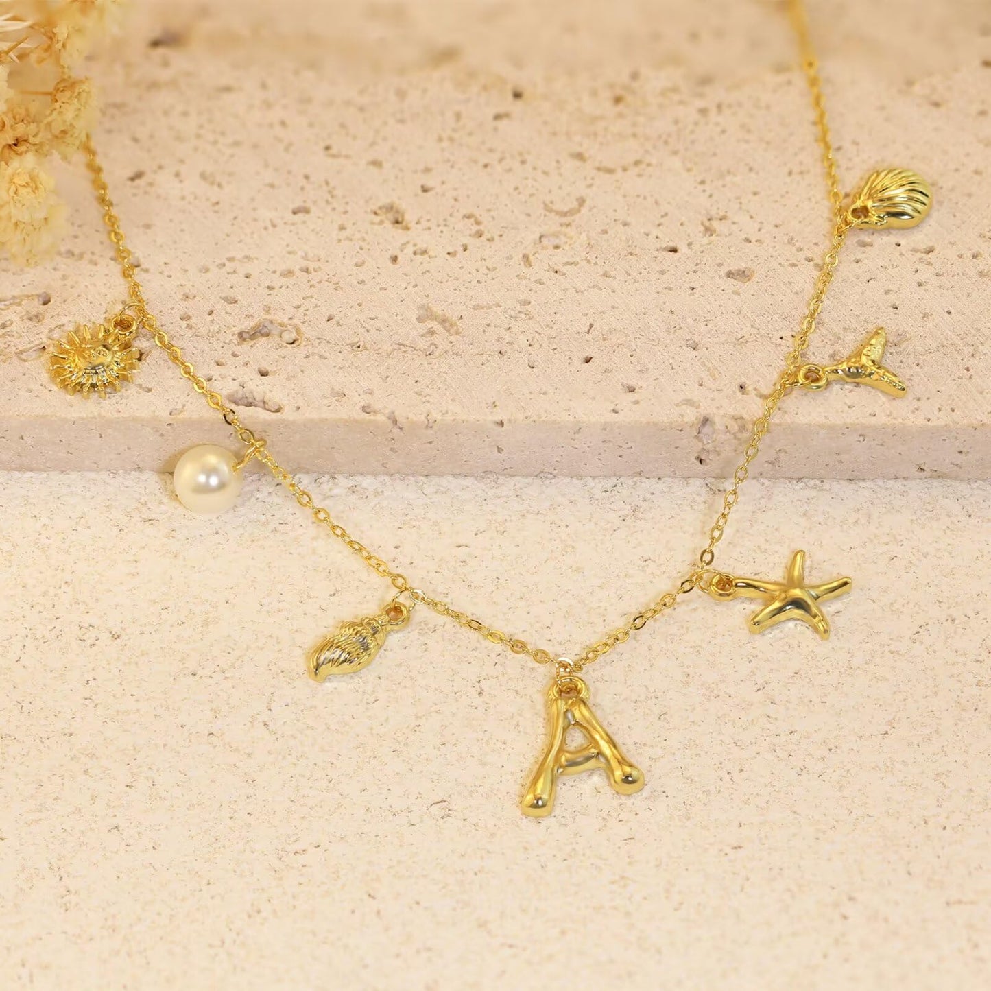 JALZEMPL Initial Charm Necklace For Women Shell Seashell Summer Beach Letter 14K Gold Plated Pendant Starfish Surfer Boho Jewelry Gifts (D)