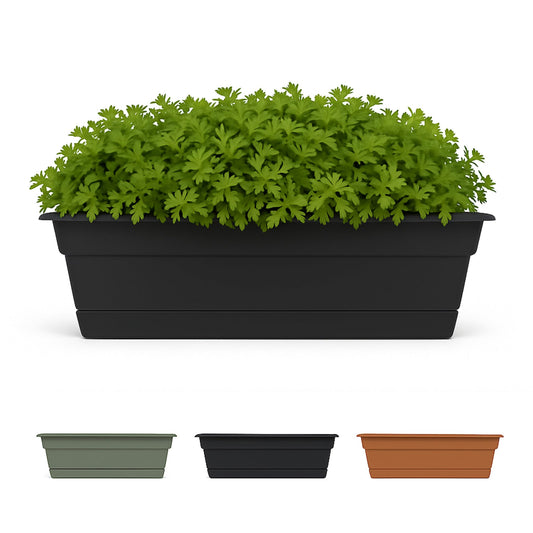 Bloem Dura Cotta 24" Plastic Window Box Planter with Saucer Tray: Indoor/Outdoor, for Window Sill, Ledge, & Tabletop, Black