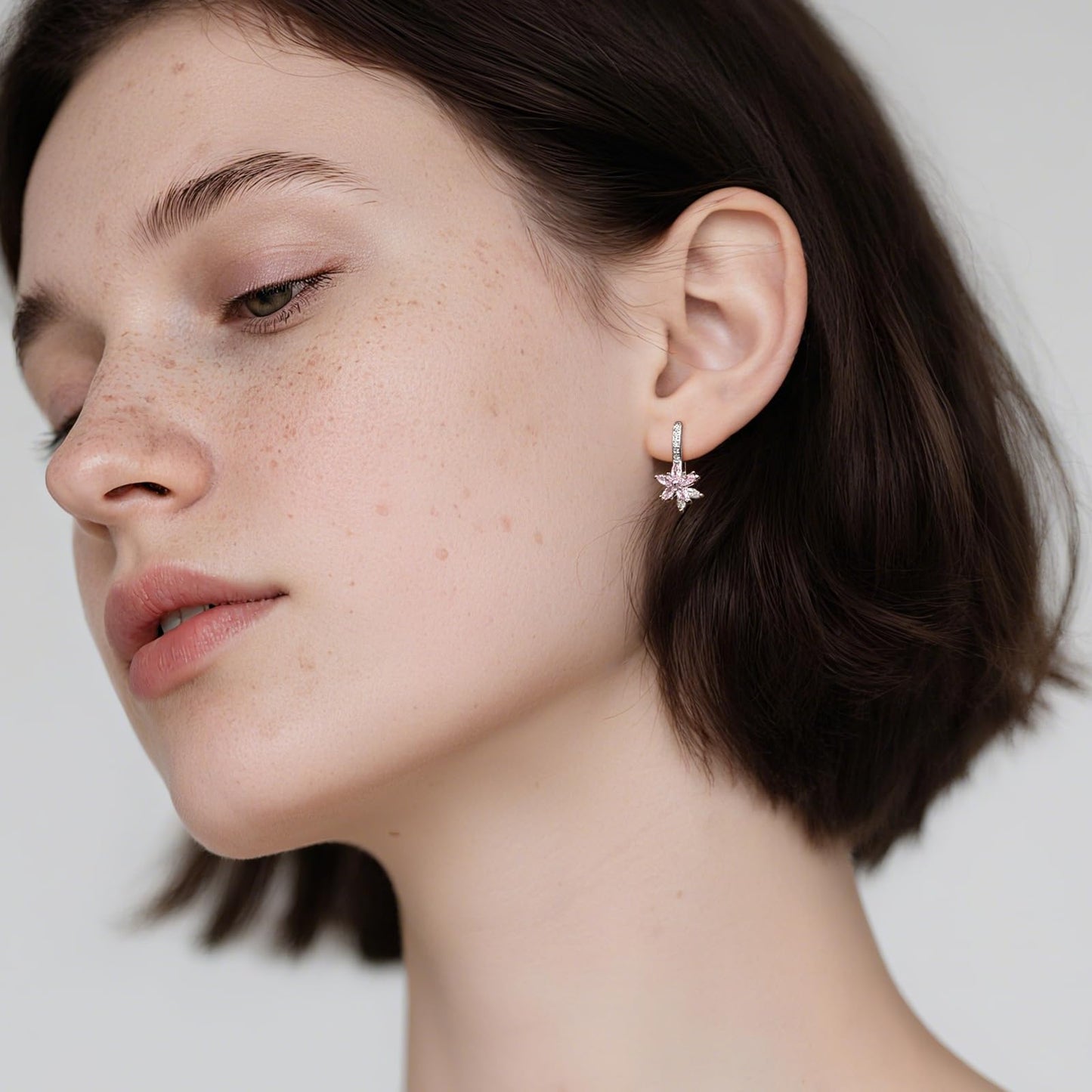 Watforsh 925 Sterling Silver Flower Earrings for Women Dangling Leverback Earrings with Pink and White Crystal Double Floral