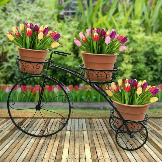 Tricycle Iron Planter Stand 3 Potted Metal Bicycle Shape Plant Flower Pot Rack Black Vintage Rectangular