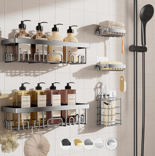 Veken Shower Caddy - Heavy-Duty Wall Mounted Organizer with Soap Dish & Toothbrush Holder | 5-Pack, Silver