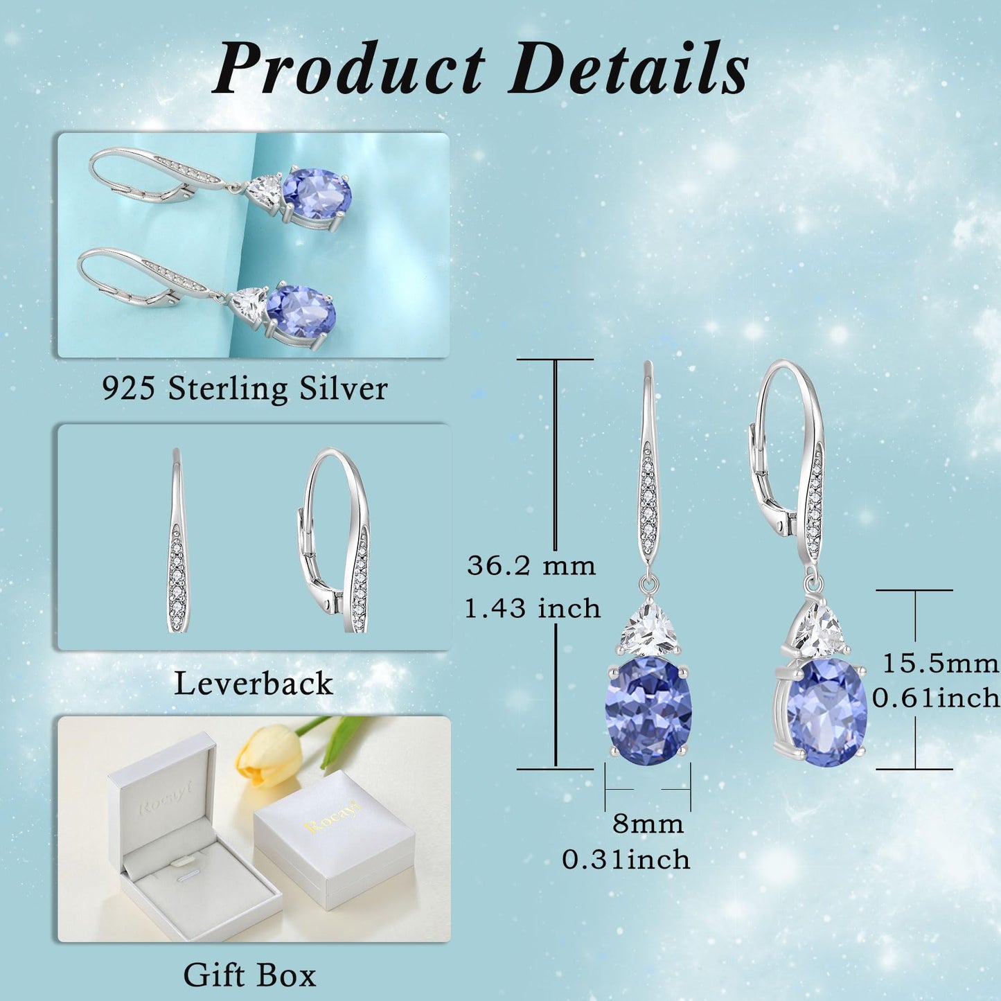 Rocayi Oval Tanzanite Earrings for Women 925 Sterling Silver Dangle Drop Leverback Earrings December Birthstone Jewelry for Her