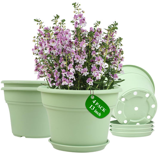 Pottiffe 13 Inch Plastic-Flower-Pot-for-Indoor-Plants, 4 Pack Large Outdoor Planter Pot with Drainage Holes & Saucers, Resin Decorative Garden Pots Planters