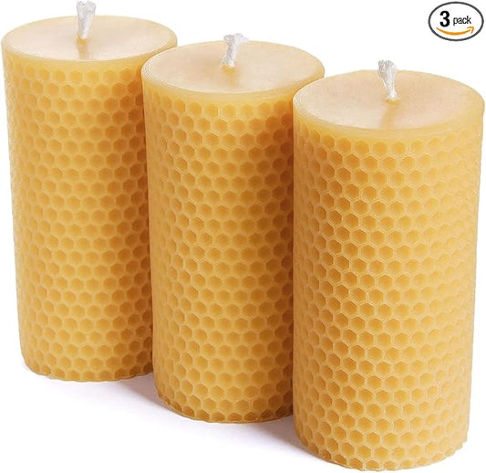 Pure Natural Beeswax Pillar Candles - Pack of 3 - Honeycomb Surface, No Scent- for Emergency/Prayer/Relax (2inch Diameter, 4 inch Tall - Yellow)
