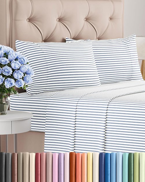 King Size 4 Piece Sheet Set - Luxury Cooling & Breathable Bed Sheets - Soft, Wrinkle-Free Blue Stripes
