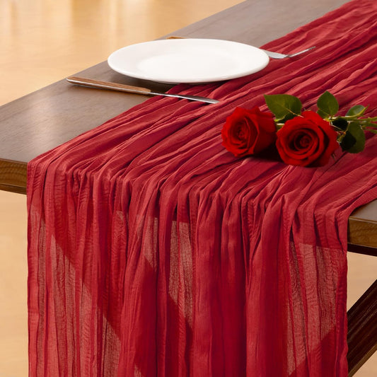 Socomi Red Cheesecloth Table Runner - 120 Inch Boho Rustic Decor for Weddings & Events