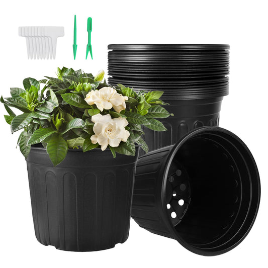 Huvai 24 Pack 3 Gallon Nursery Pots, Thickened Soft Black Plastic Plant Pots with 24Pcs Waterproof Plastic T-Type Plant Tags and 2Pcs/Set Transplanting Digging Mini Tools