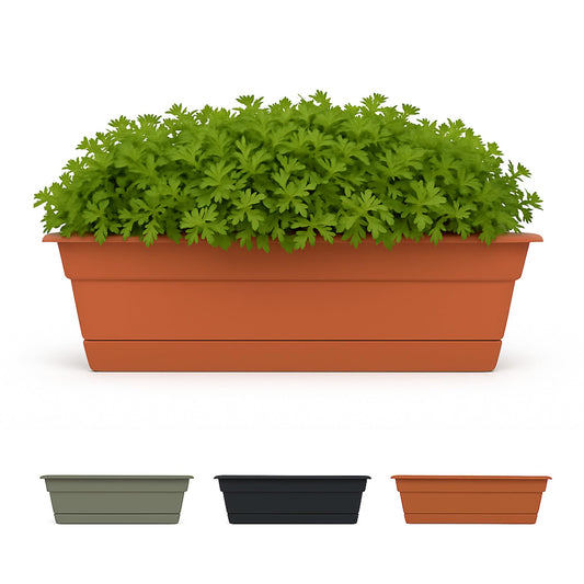 Bloem Dura Cotta 18" Plastic Window Box Planter with Saucer Tray: Indoor/Outdoor, for Windowsill, Ledge, & Tabletop, Terra Cotta