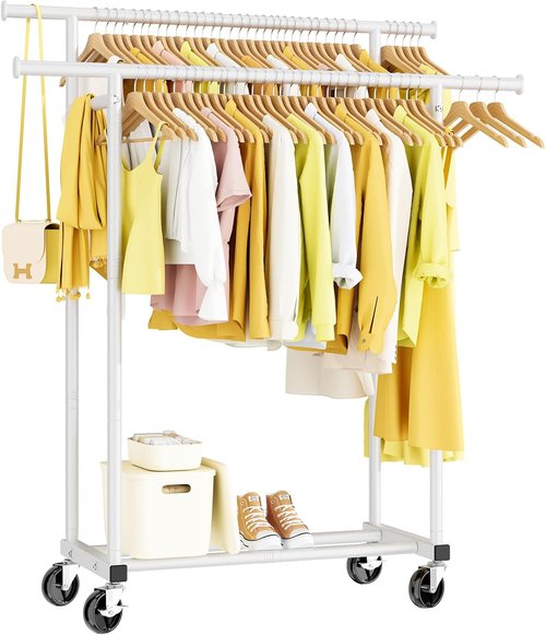 HYSEYY Rolling Clothes Rack - Sturdy Double Rod Portable Wardrobe for Bedroom & Laundry - White