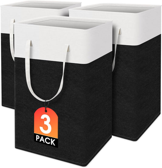 TasticTotes Laundry Basket 3-Pack - Collapsible Waterproof Hamper with Handles | 75L Black