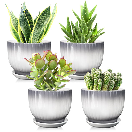YUFDA Ceramic Plant Pots,5.5 Inch,Set of 4,Planters with Drainage Hole and Saucer,Flower pots for Indoor Plants,Modern Design(Gray+White)