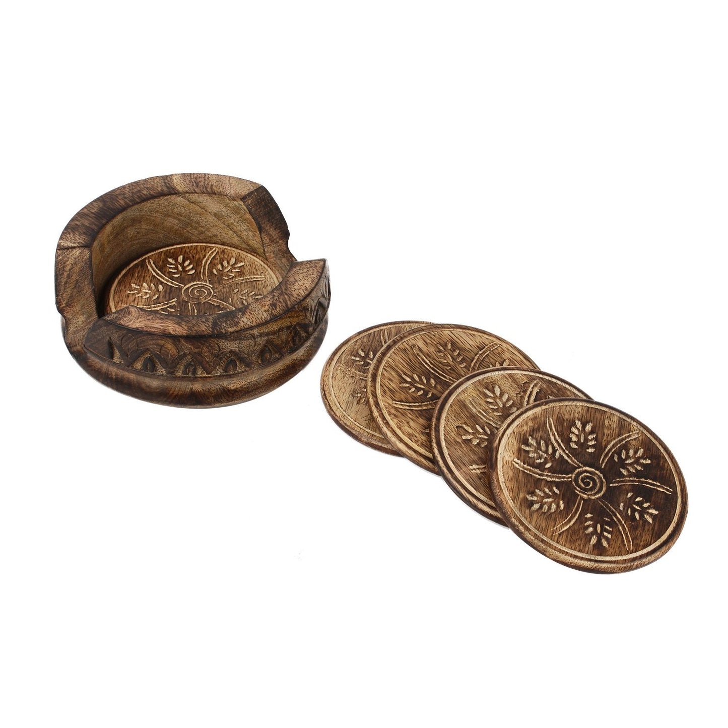 GoCraft Wooden Coasters Set of 6 | Handmade Drink Coasters with Lotus Shaped Holder in Rustic Wood Design Carving