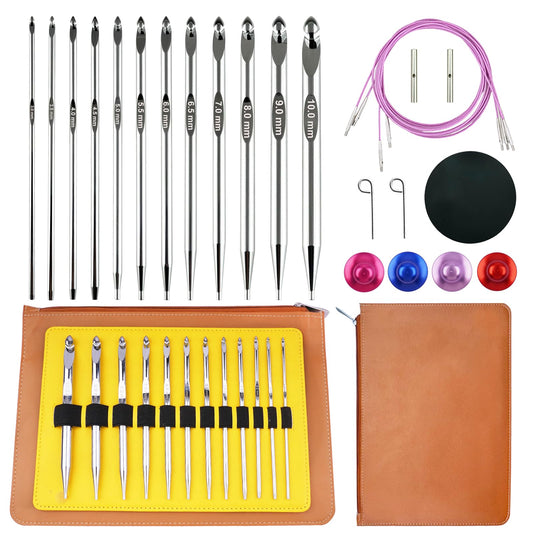 Hobekoee Tunisian Crochet Hooks Set with Cable,12 Size Aluminium Interchangeable Crochet Hook Set Inline Crochet Hooks Afghan Crochet Needles 3mm-10mm