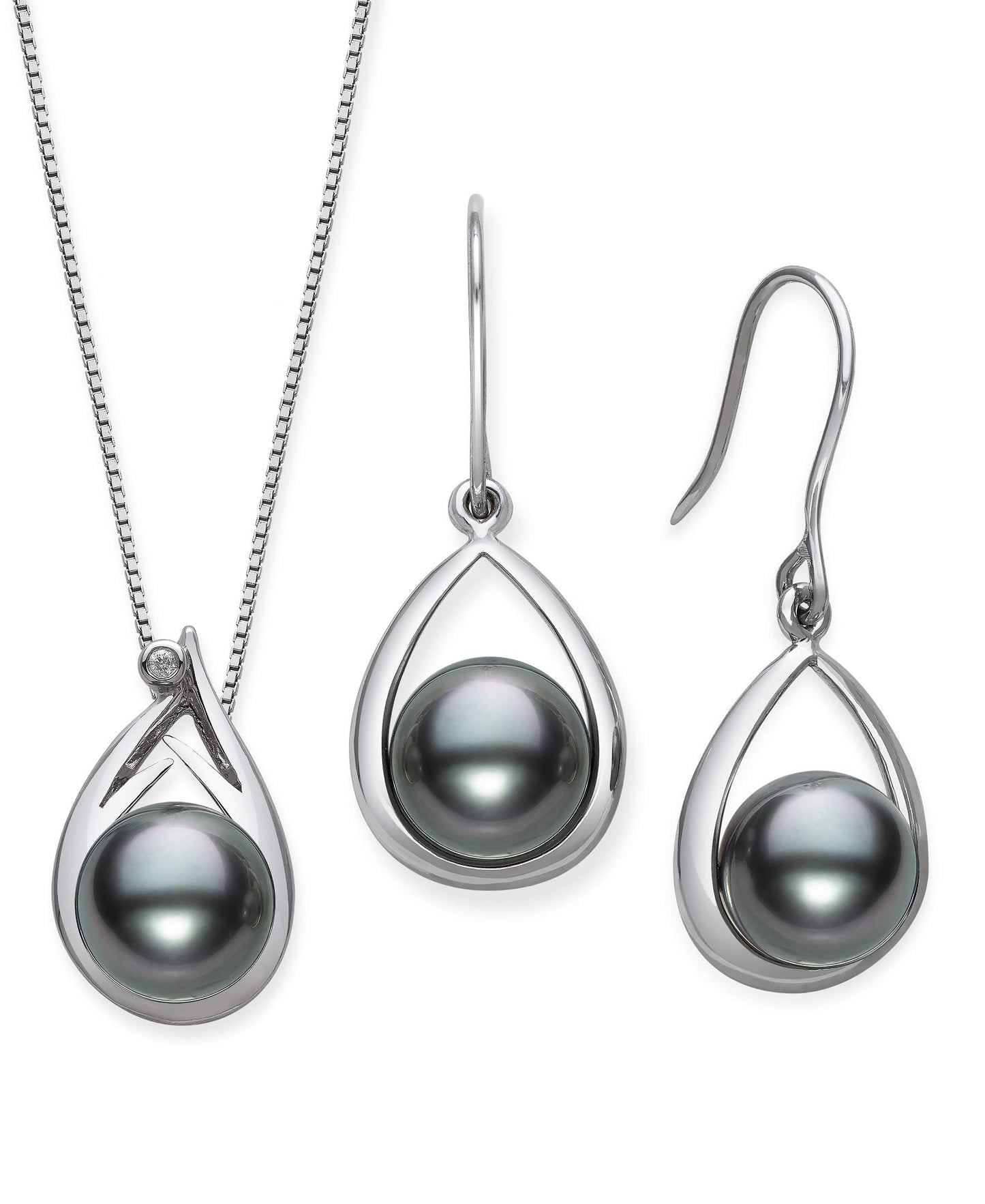 Belacqua Tahitian Black Pearl Diamond Pendant and Drop Dangle Earring Set in Sterling Silver, 18"
