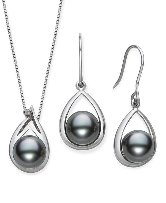 Belacqua Tahitian Black Pearl Diamond Pendant and Drop Dangle Earring Set in Sterling Silver, 18"