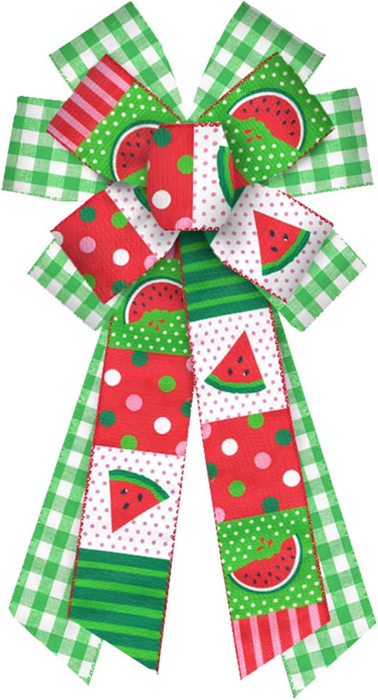 ABTOLS Large Summer Bows - Green White Buffalo Plaid & Watermelon Design | Perfect for Wreaths & Decor