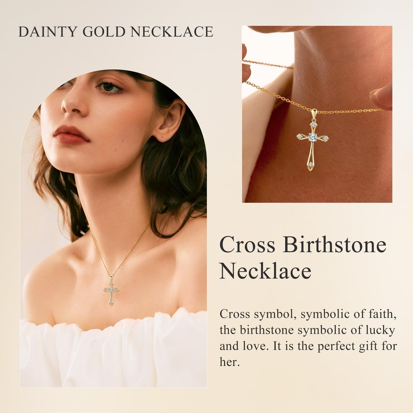 14K Solid Gold Plated Cross Necklace for Women,925 Sterling Silver Ladies Faith Cross Birthstone Pendant Christian Religious Confirmation Baptism Everyday Jewelry Anniversary Birthday Gifts for Her
