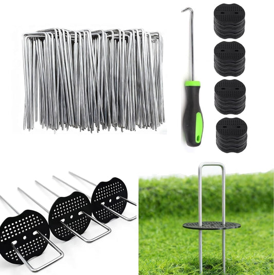 4 Inch 200 PCS Galvanized Landscape Staples with 200 PCS Gasket, Landscape Fabric Pins Stakes Lawn Ground Cover Graden Staples Spikes Weed Barrier Stakes