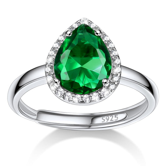Bestyle Teardrop May Emerald Birthstone Rings Embellished with White Cubic Zirconia Minimalist Sterling Silver Open Band Gemstone Rings for Birthday/Christmas/Party/Anniversary/Wedding