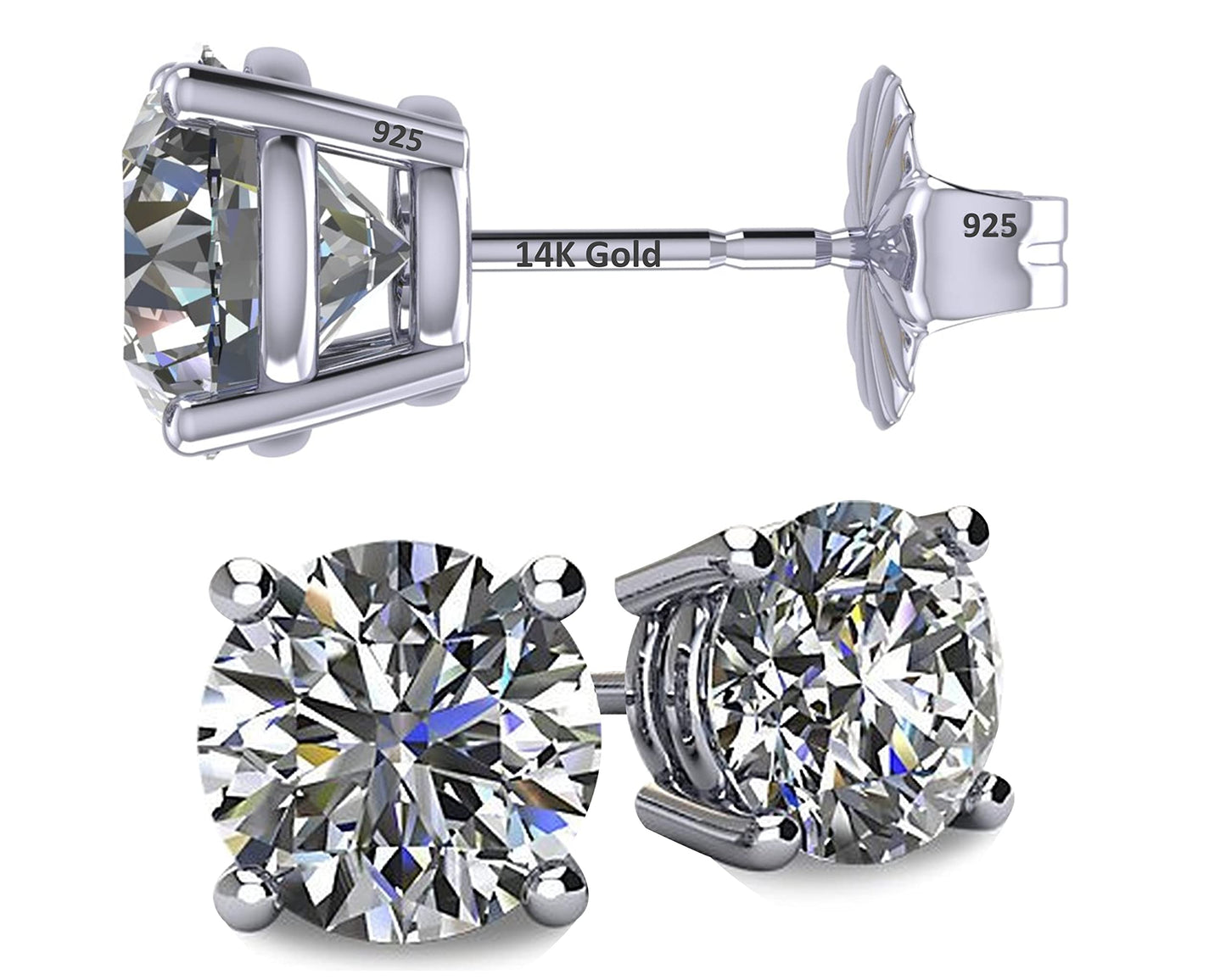 Central Diamond Center 14K Solid Gold Post & Sterling Silver 4 Prong CZ Stud Earrings - Platinum Plated - 8.50mm - 5.00cttw