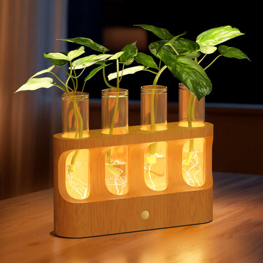 Lightalent Rechargeable Plant Propagation Station with Stepless LED Light, Wooden Stand & 4 Propagation Test Tubes, Hydroponic Plant Terrarium for Indoor Home Decor, Gift for Plant Lovers and Mothers