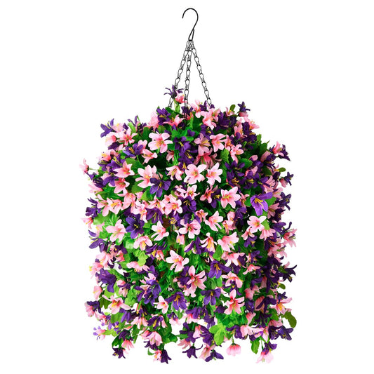 INQCMY Artificial Hanging Flowers in Basket for Outdoor Spring Summer Decoration,4pcs Faux Silk Violet in Planter UV Resistant for Outside Home Patio Garden Porch Deck Decor(Pink Purple)
