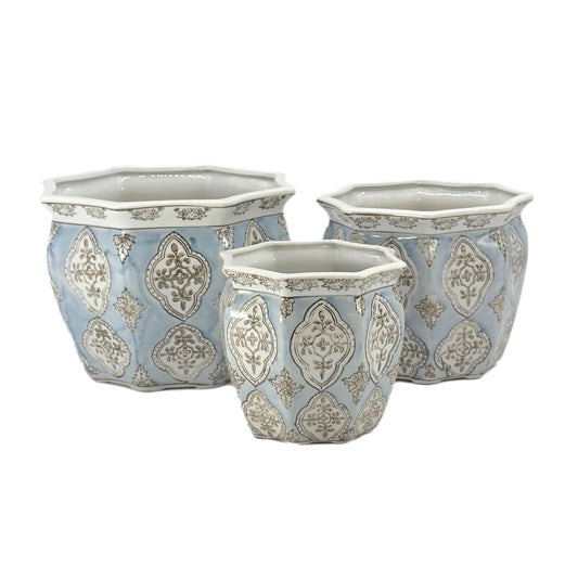 Galt International Light Blue & White Round Fluted Floral Porcelain Ceramic Plant Flower Planter Pot Set of 3 (7.5", 10", 13") Garden Pots Chinese Asian Design