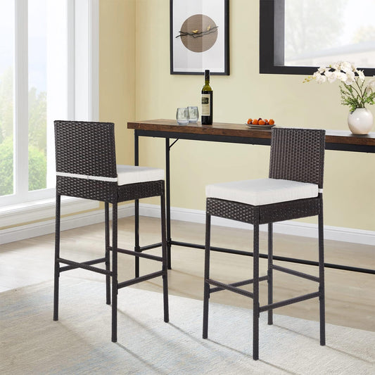 PayLessHere Rattan Bar Stools - Set of 2 Wicker Counter Height Chairs with Backrest & Cushion, Brown
