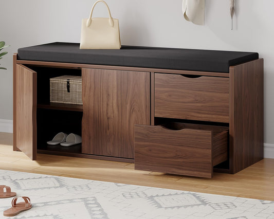 LVB 40” Entryway Storage Bench with Padded Seat Cushion, Wood Hidden Shoe Organizer Bench with 2 Drawers Cabinet, Industrial Shoe Bench for Foyer Entrance Living Bedroom, Walnut Oak, 40 inch