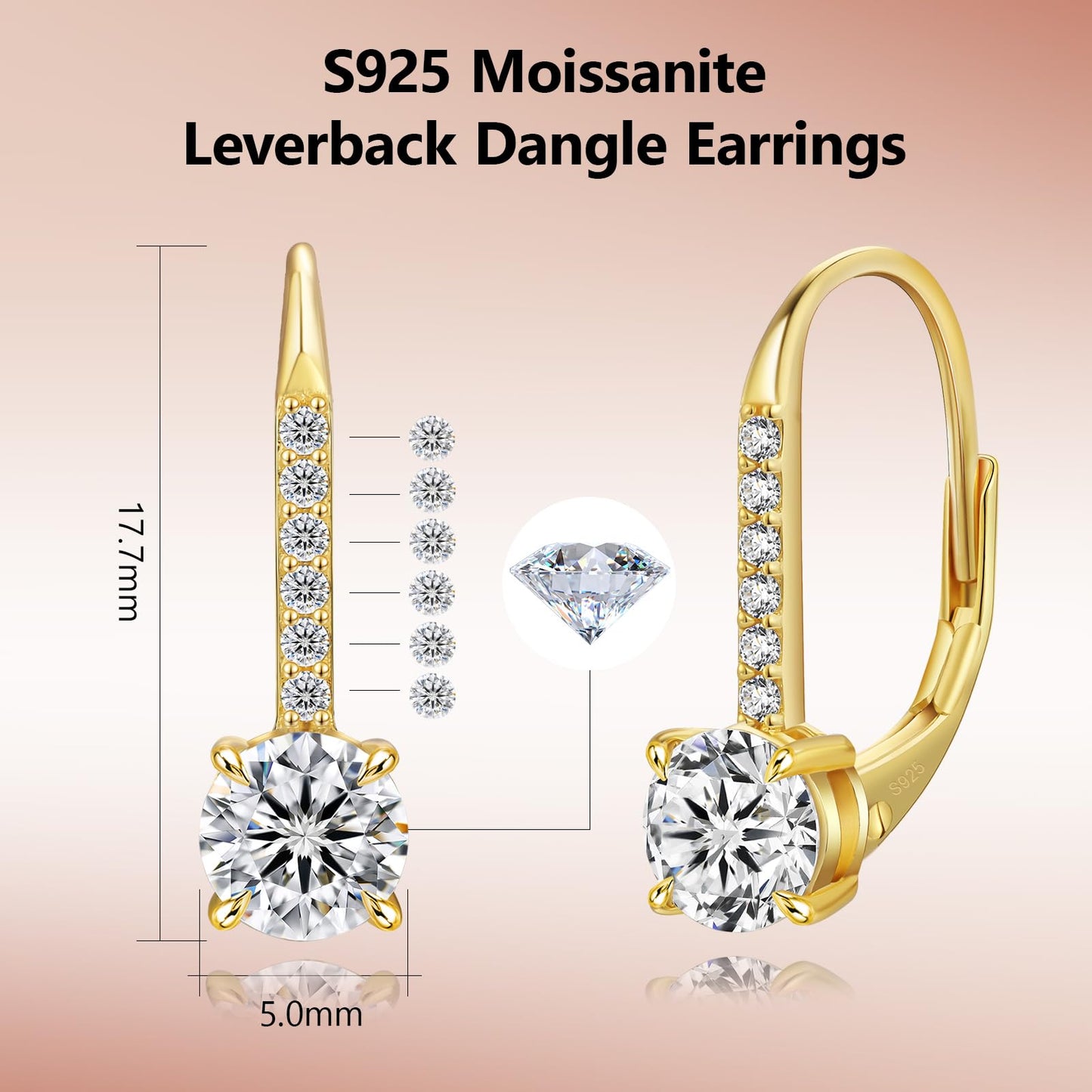 KRKC Moissanite Earrings, 1.0ct-2.0ct D Color Lab Created Diamond Earring, 14k Golden Plated Sterling Silver Dangle Earrings S925 Leverback Drop Earring for Women Hypoallergenic Gifts for Mom Wife