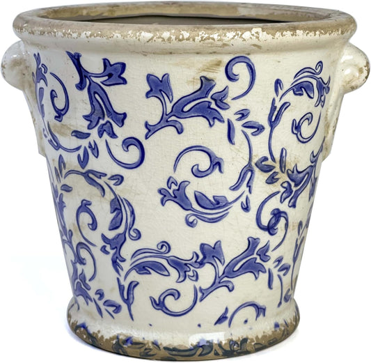 WK WENKRYGDN Vintage Planter Flower Pot Rustic Container with Handle Ceramic Ice Crack Plant Pot with Drainge Hole Decorative Planter for Indoor and Outdoor Tuscan Decor Vase Gardening Gift (Blue)