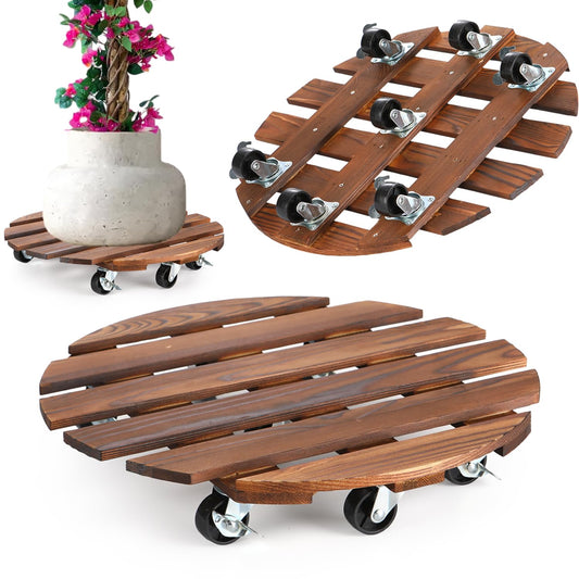 2 Pack 16" Plant Caddy with 7 Wheels, Rolling Plant Stand 500 LB Heavy Duty Wooden Round Plant Dolly with Metal 360° Lockable Caster Wheels for Outdoor Indoor Large Plant Pots, Flower Pot, Patio