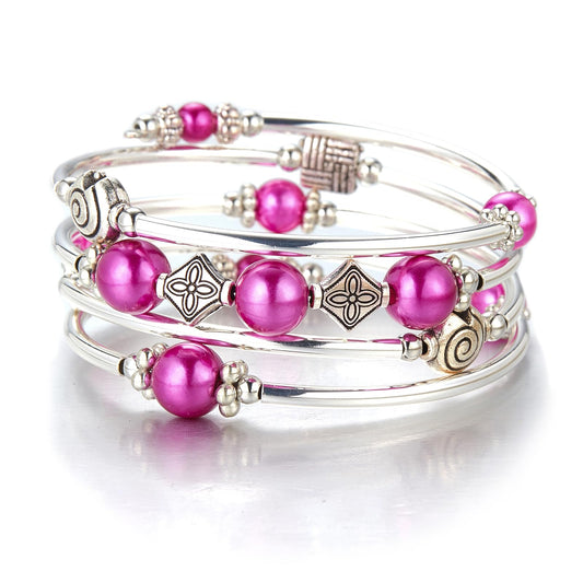 Beaded Pearl Bangle Wrap Bracelet - Fashion Bohemian Jewelry Multilayer Charm Bracelet with Thick Silver Metal Beads, Gift For Women(Fuchsia)