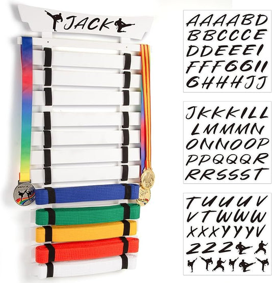 12 Belts Karate Belt Display Rack with Stickers, Martial Arts Belt Display Holder, Taekwondo Belt Jiu Jitsu Belt BJJ Belt Display Hanging Holder for Adults