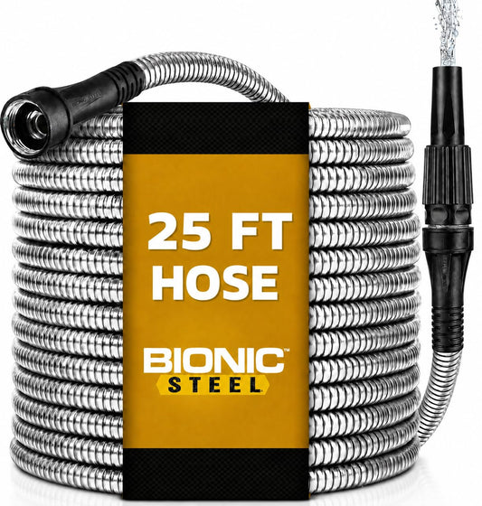 Bionic Steel 25 Ft Metal Garden Hose with Nozzle, 25Ft x 5/8 In. Premium 304 Stainless Steel Metal Water Hose, Flexible Non Kinking, Lightweight, Heavy Duty, for Yard, Outdoor