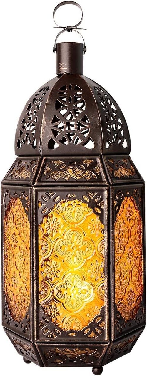 Lewondr Metal Glass Ramadan Candle Lantern - Moroccan Style Hanging Lamp for Home & Garden | Copper & Yellow