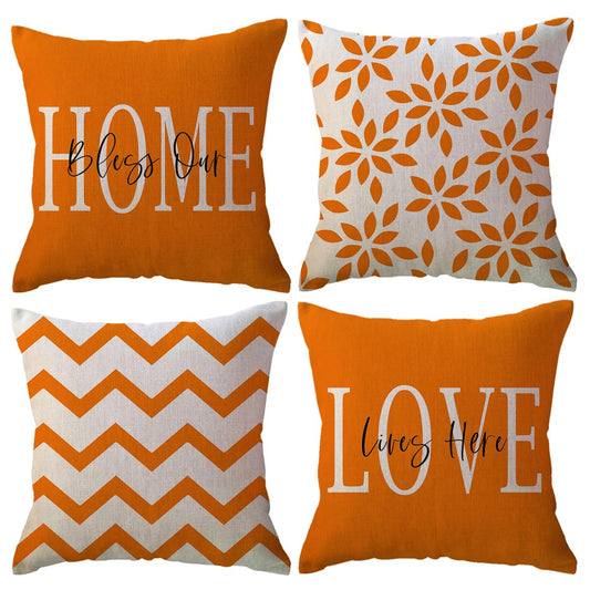 Bless Our Home Throw Pillow Covers 18x18 Double-sided Printed Farmhouse Geometric Dahlia Floral Pillowcases Modern Decorative Cushion Covers 4Pack for Porch Couch Sofa Decor (Orange)