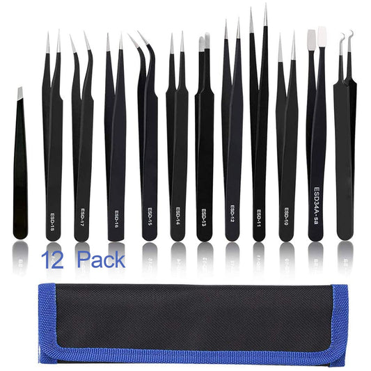 BOENFU Precision Tweezers Set 12 PCS Electronic Tweezers ESD 11, 12, 13, 15, 17 Pointed Tip Tweezers Kit for Electronics,Soldering, Craft, Jewelry, Ingrown, Eyelash